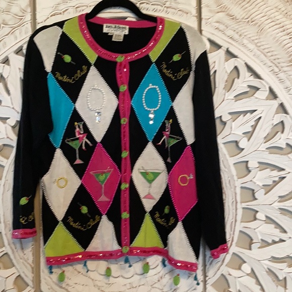 Jack B Quick Sweaters - Vintage Martini Theme Cardigan Size L